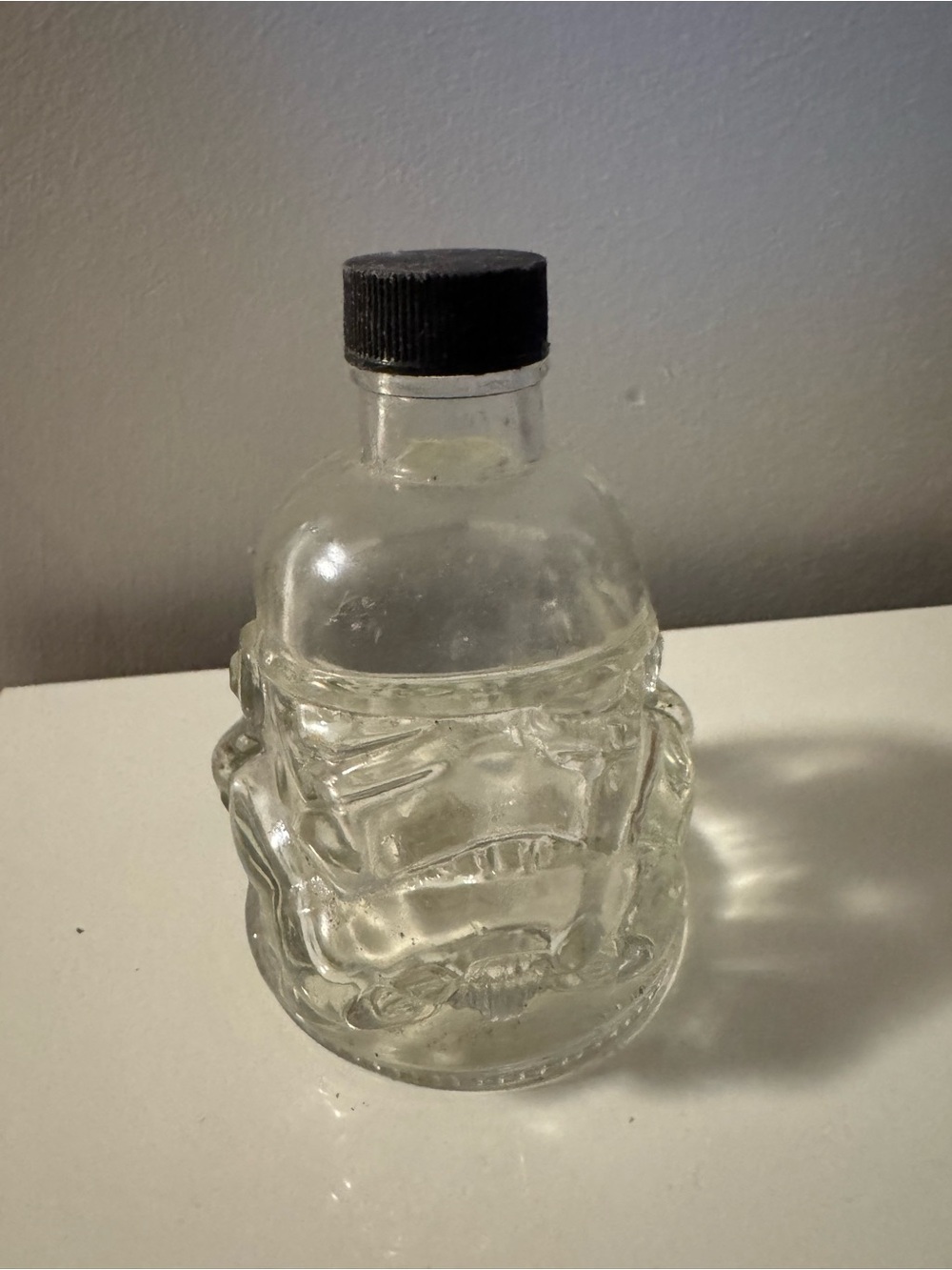 Clear Glass Stormtrooper Head Bottle with Black Screw Cap